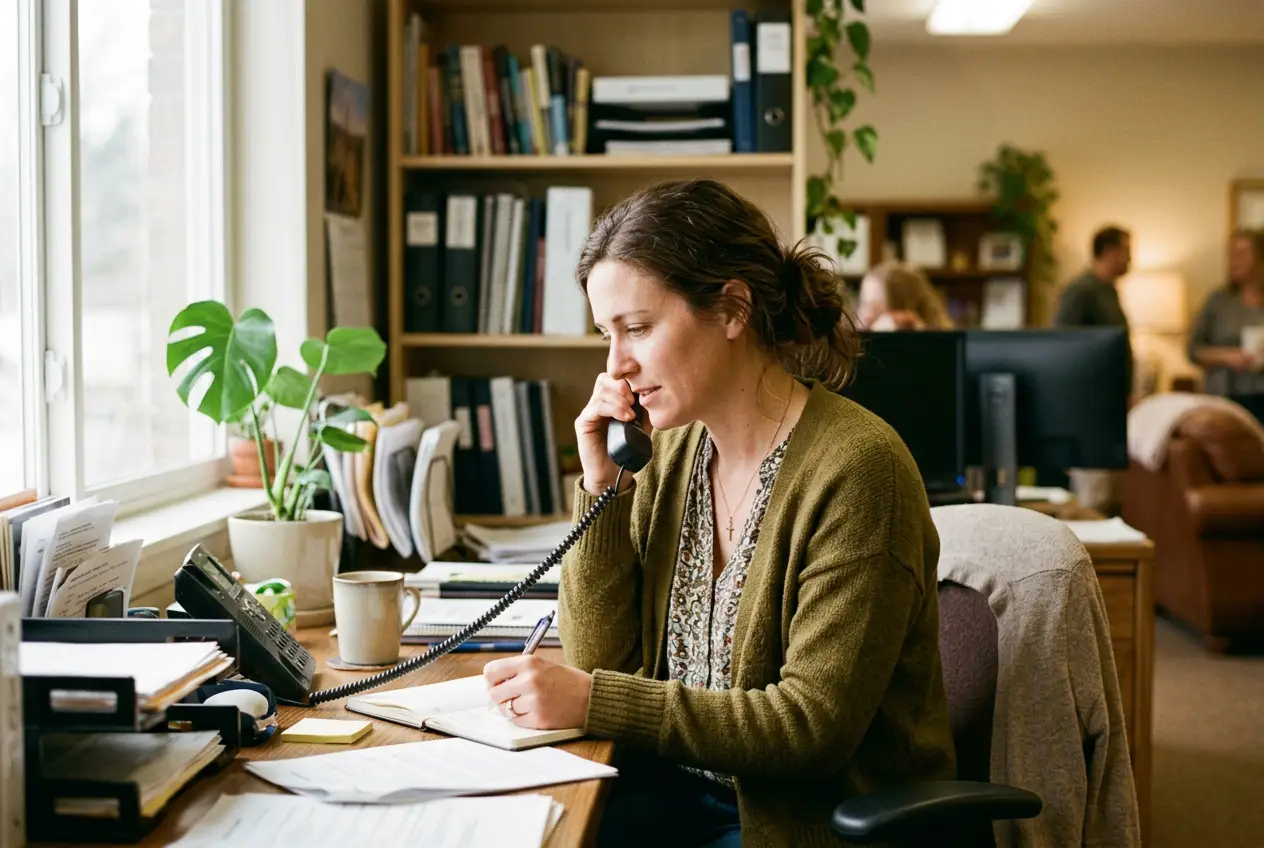 A ministry staff member taking notes during a phone call with a member.