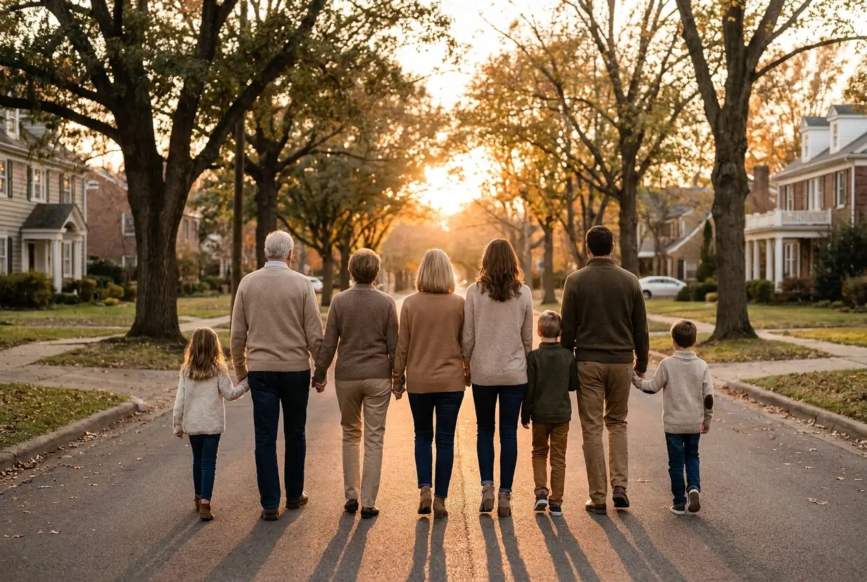 A multigenerational family walking together down a tree-lined street at sunset.