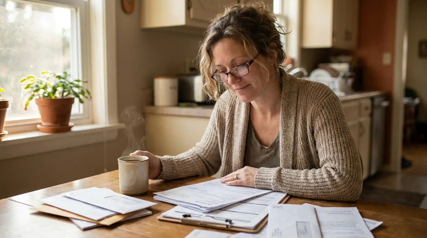 A woman at a kitchen table in morning light, working through a stack of medical bills.